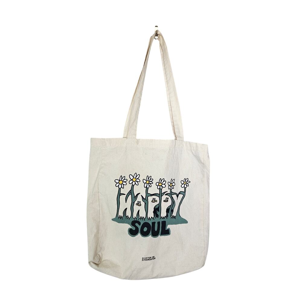 Happy Soul Cotton On Canvas Tote Bag Flower Gorpcore Casual Boho Reusable